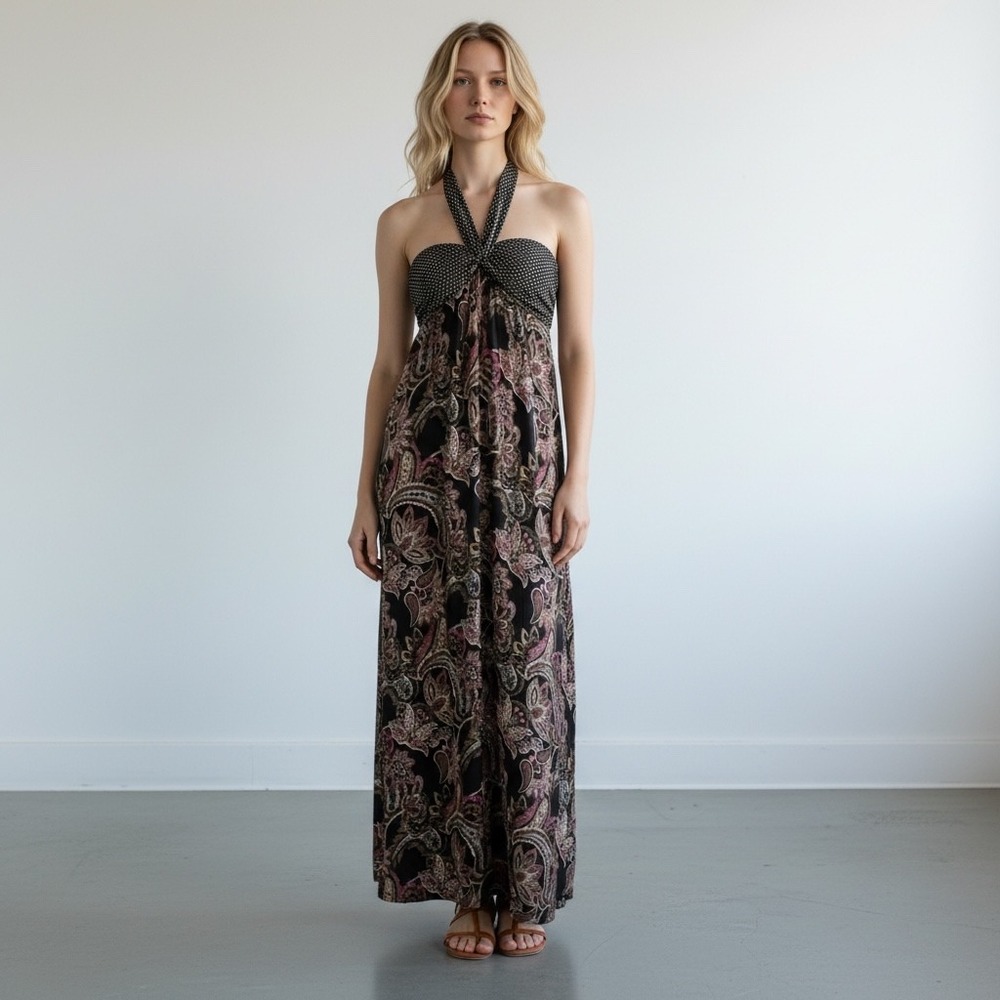 Xhilaration Womens Small Paisley Boho Smocked Back Multicolor Halter Maxi Dress